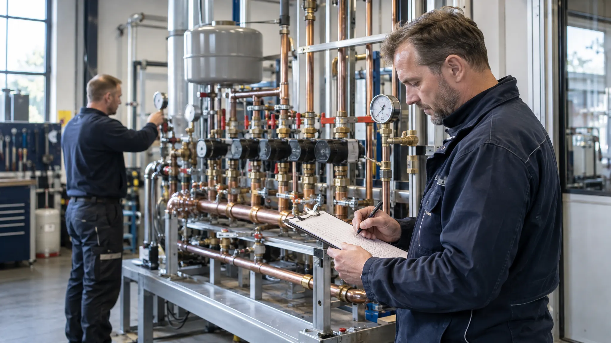 Een projectleider vinkt een controlelijst af naast een afgeronde installatie op de testbank.