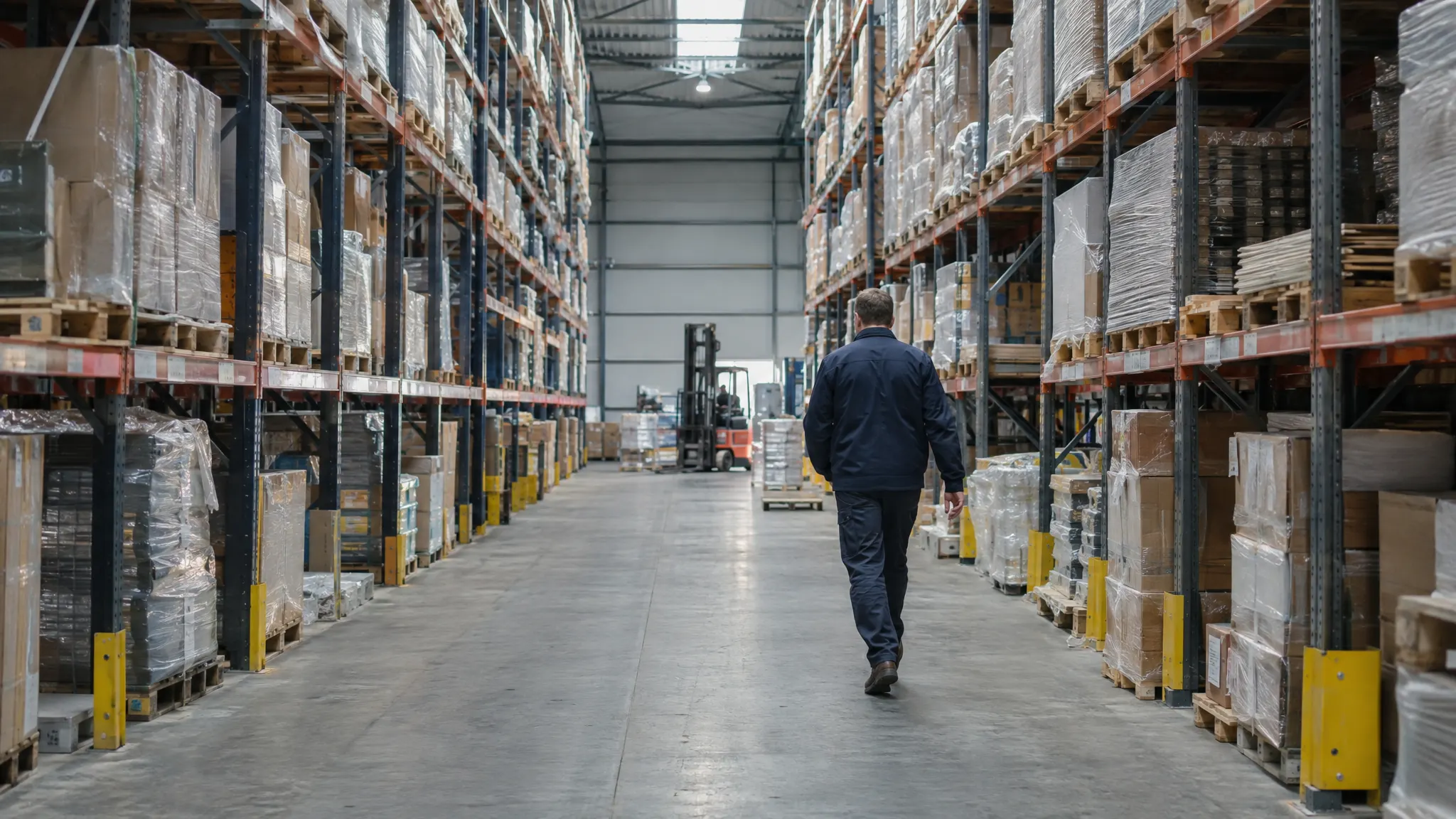 Een medewerker loopt door een hoog magazijn tussen de palletstellingen.