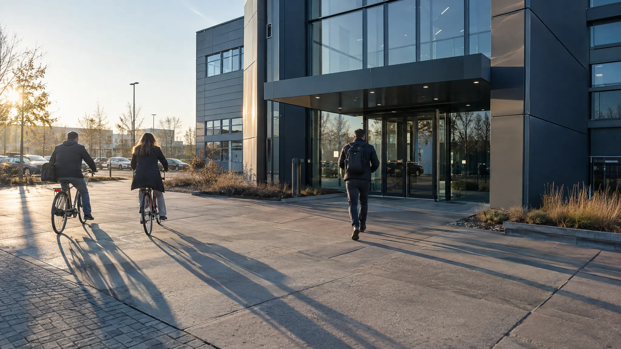 Medewerkers komen 's ochtends op de fiets aan bij hun bedrijfspand.