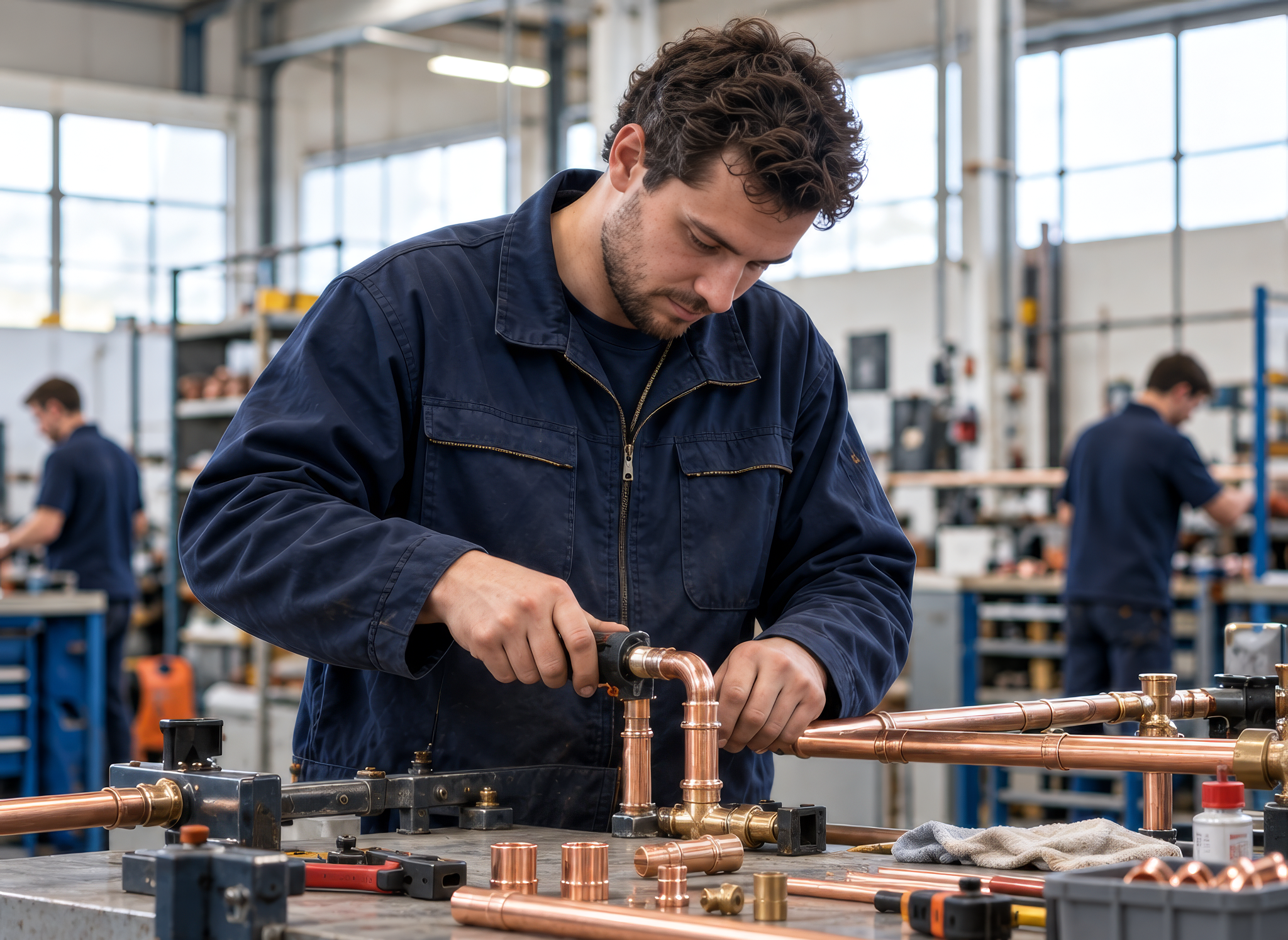 Een monteur zet koperen leidingwerk in elkaar aan de werkbank van zijn eigen werkplaats.